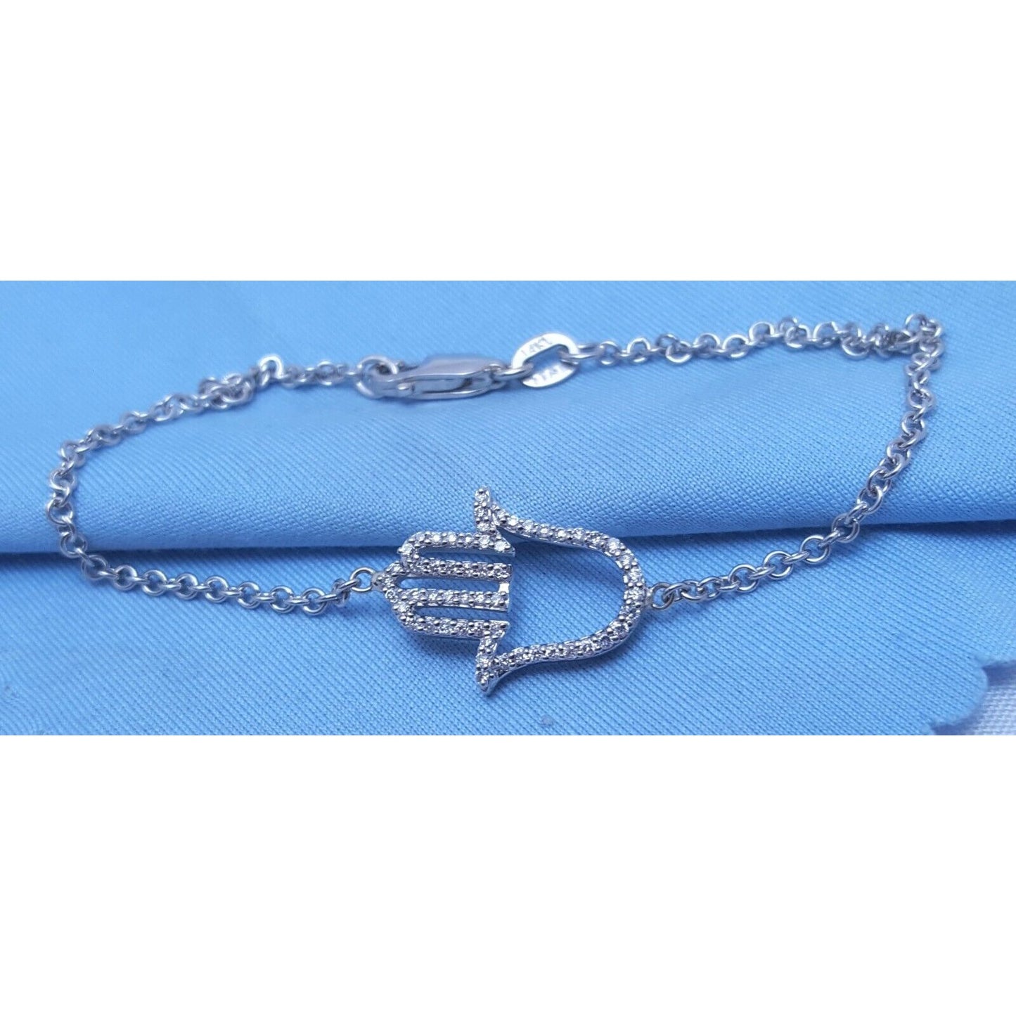 14K Solid White Gold Diamond Hamsa Cable Link Bracelet