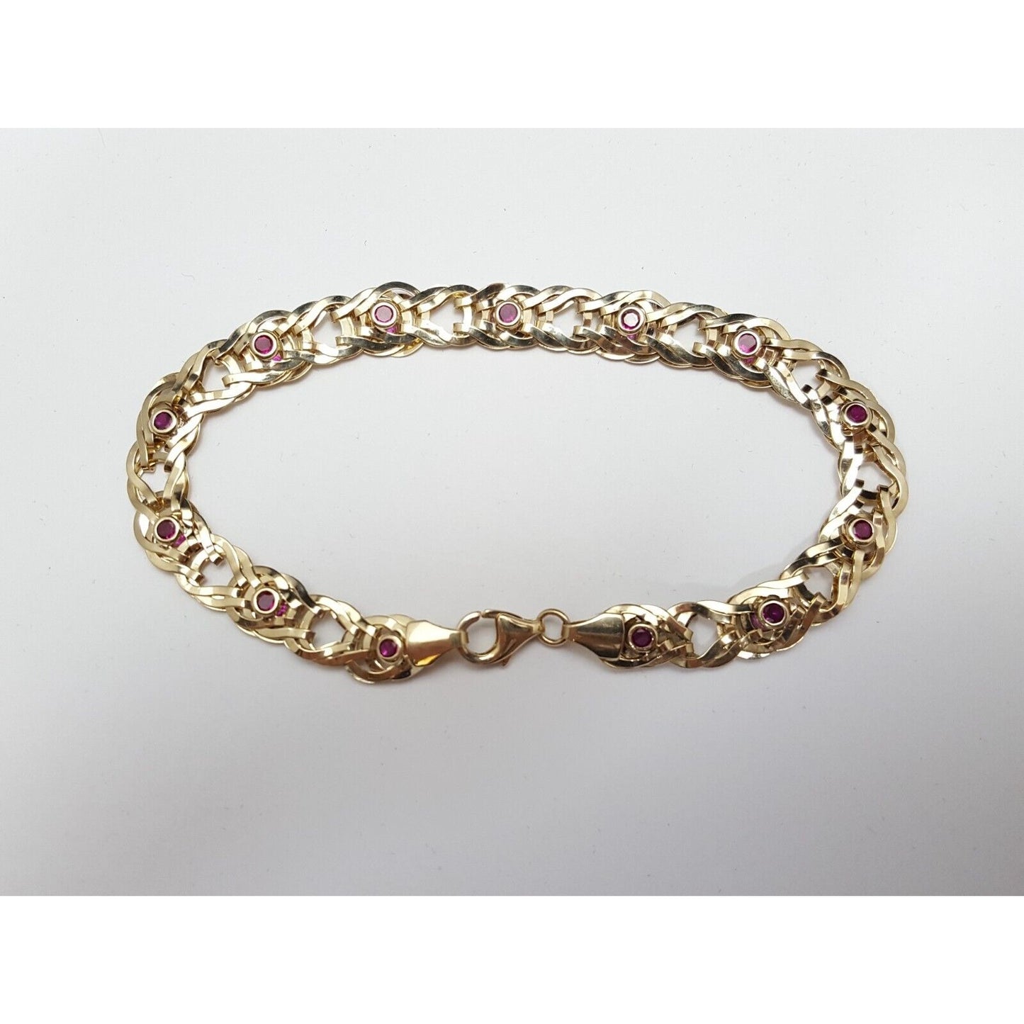 10K Solid Yellow Gold Double Sided Cubic Zirconia & Ruby Flat Link Bracelet