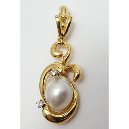 18K Solid Yellow Gold Designer Pearl & Diamond Drop Dangle Charm Pendant