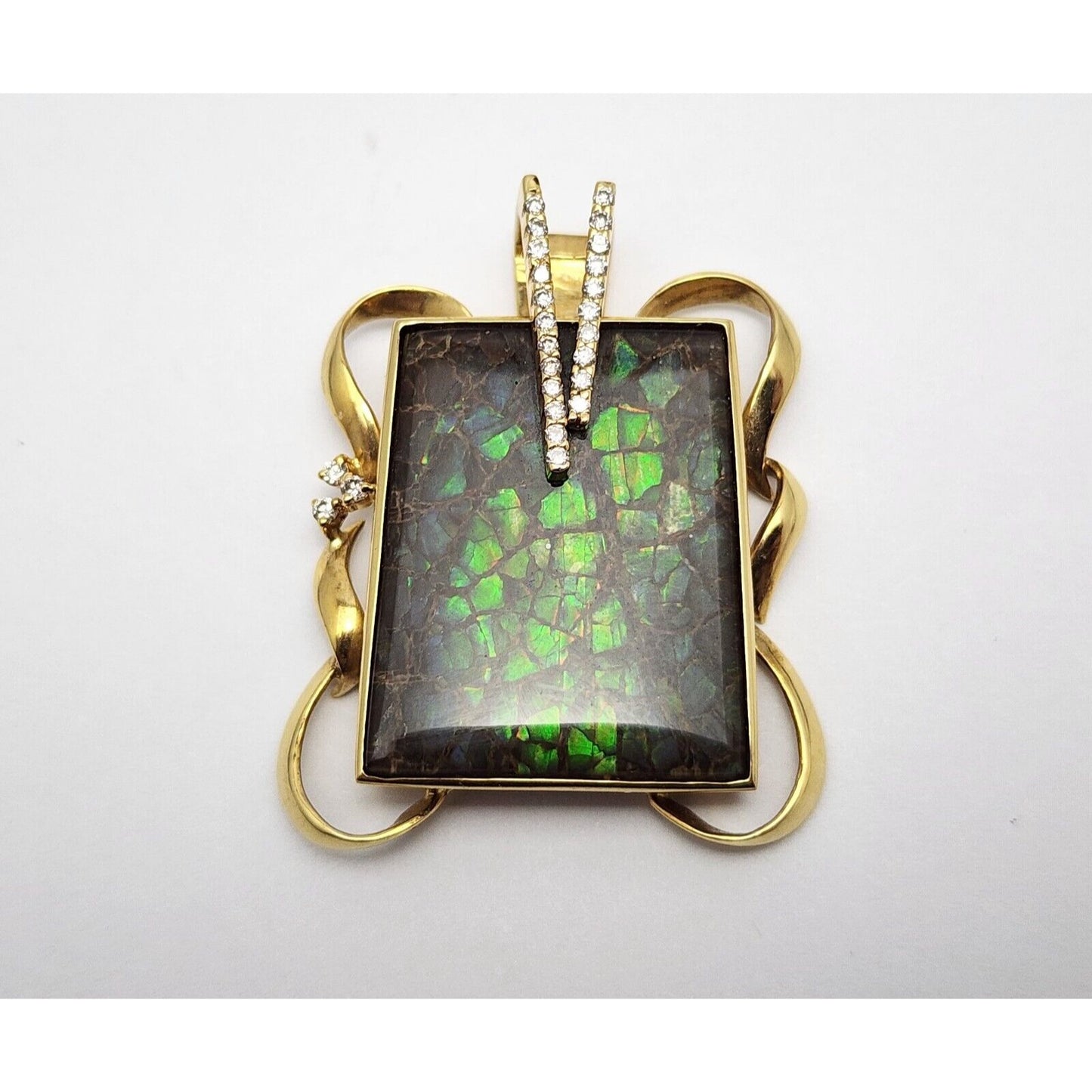 18K Solid Yellow Gold Green Ammolite Fossil & Diamond Charm Pendant