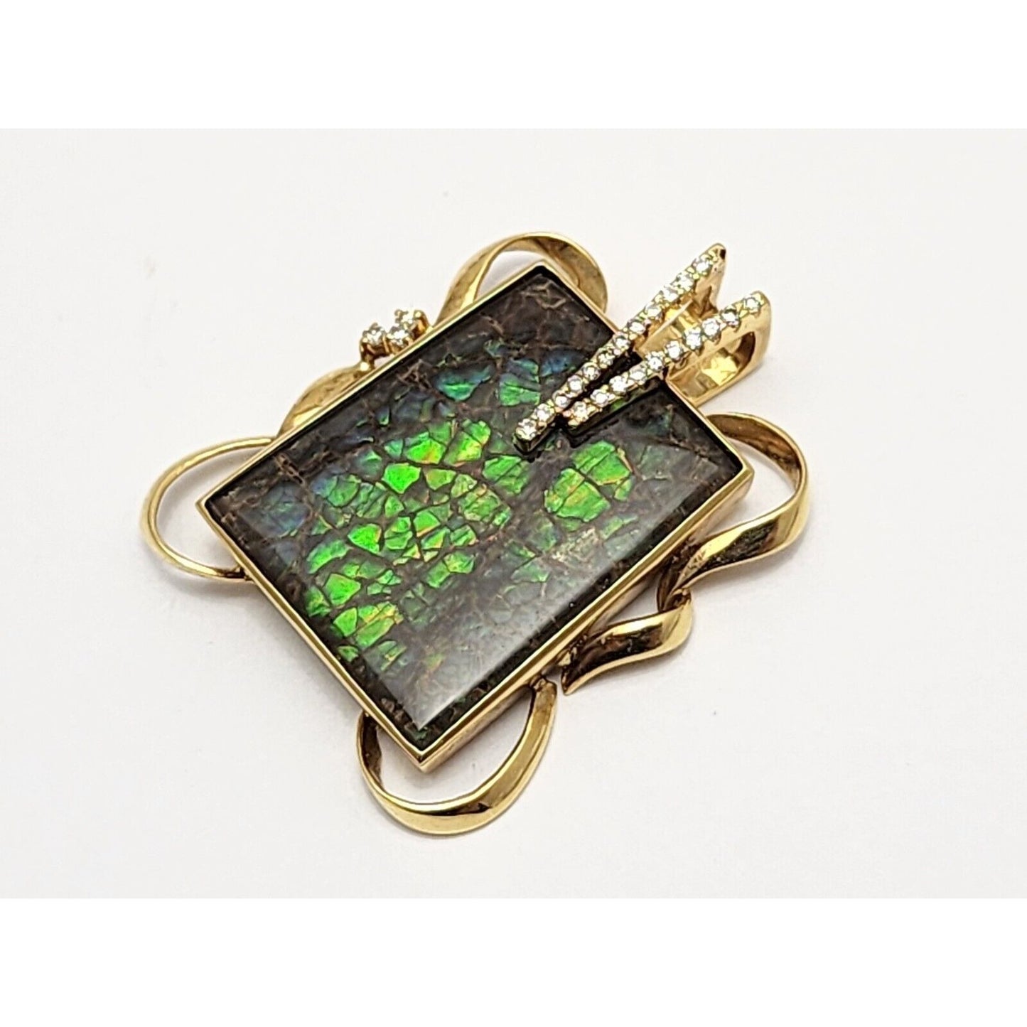 18K Solid Yellow Gold Green Ammolite Fossil & Diamond Charm Pendant