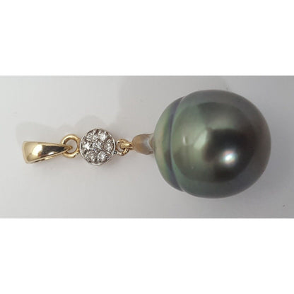 14K Solid Yellow Gold Drop Dangle Tahitian Pearl & Diamond Charm Pendant