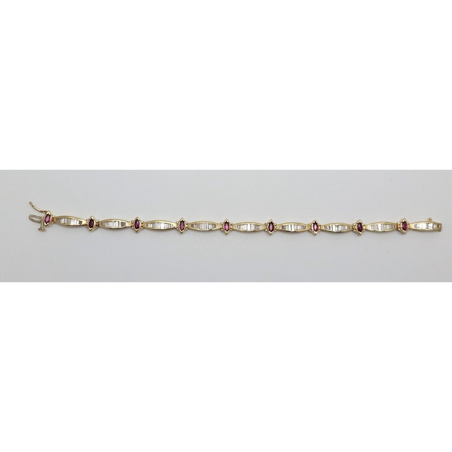 14K Solid Yellow Gold Designer Ruby & Diamond Tennis Link Bracelet