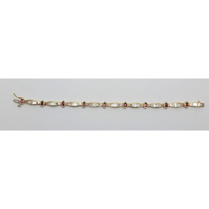 14K Solid Yellow Gold Designer Ruby & Diamond Tennis Link Bracelet