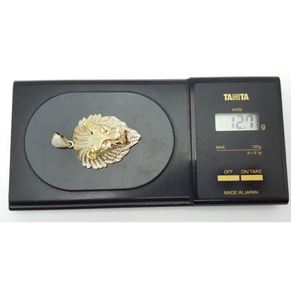 10K Solid Yellow Gold 3D Cubic Zirconia Lion Head Charm Pendant