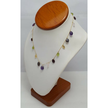 18K Yellow Gold Multi Colored Gemstones Garnet Peridot Amethyst Chain Necklace