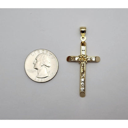 14K Solid Yellow Gold Jesus On Cross CZ Charm Pendant