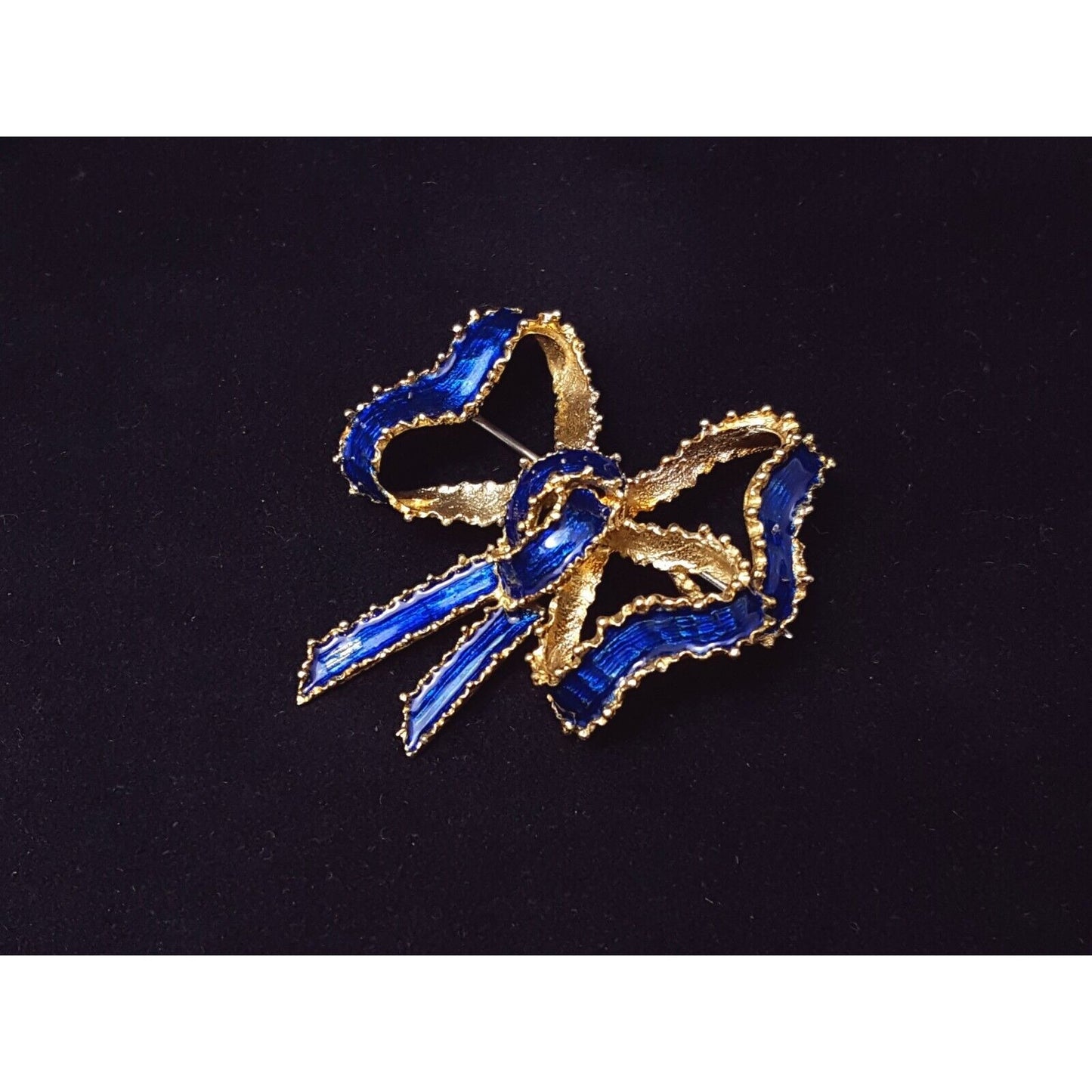 Vintage Victorian Tiffany & Co 18K Solid Yellow Gold Blue Enamel Bow Brooch Pin