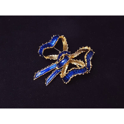 Vintage Victorian Tiffany & Co 18K Solid Yellow Gold Blue Enamel Bow Brooch Pin