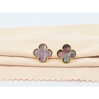 14K Yellow Gold Four Leaf Clover Dark Mother of Pearl Latch Back Hinge Earrings