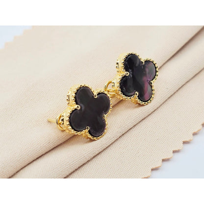 14K Yellow Gold Four Leaf Clover Dark Mother of Pearl Latch Back Hinge Earrings