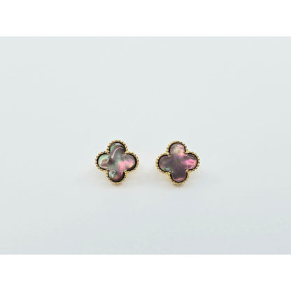 14K Yellow Gold Four Leaf Clover Dark Mother of Pearl Latch Back Hinge Earrings