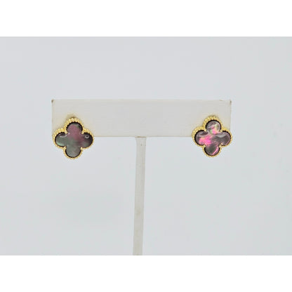 14K Yellow Gold Four Leaf Clover Dark Mother of Pearl Latch Back Hinge Earrings