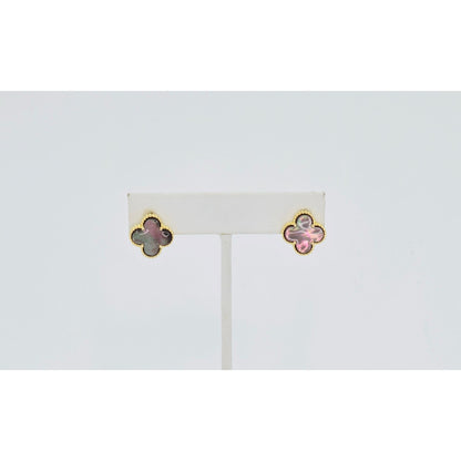 14K Yellow Gold Four Leaf Clover Dark Mother of Pearl Latch Back Hinge Earrings