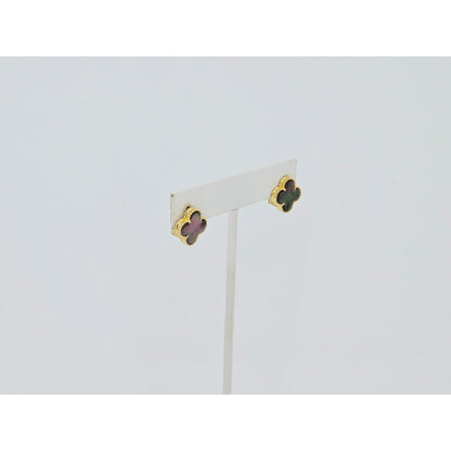 14K Yellow Gold Four Leaf Clover Dark Mother of Pearl Latch Back Hinge Earrings
