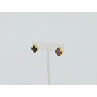 14K Yellow Gold Four Leaf Clover Dark Mother of Pearl Latch Back Hinge Earrings
