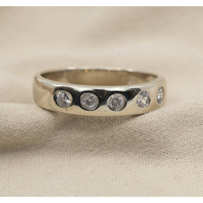 14K White Gold 5 Stone CZ Flush Set Wedding Band Ring