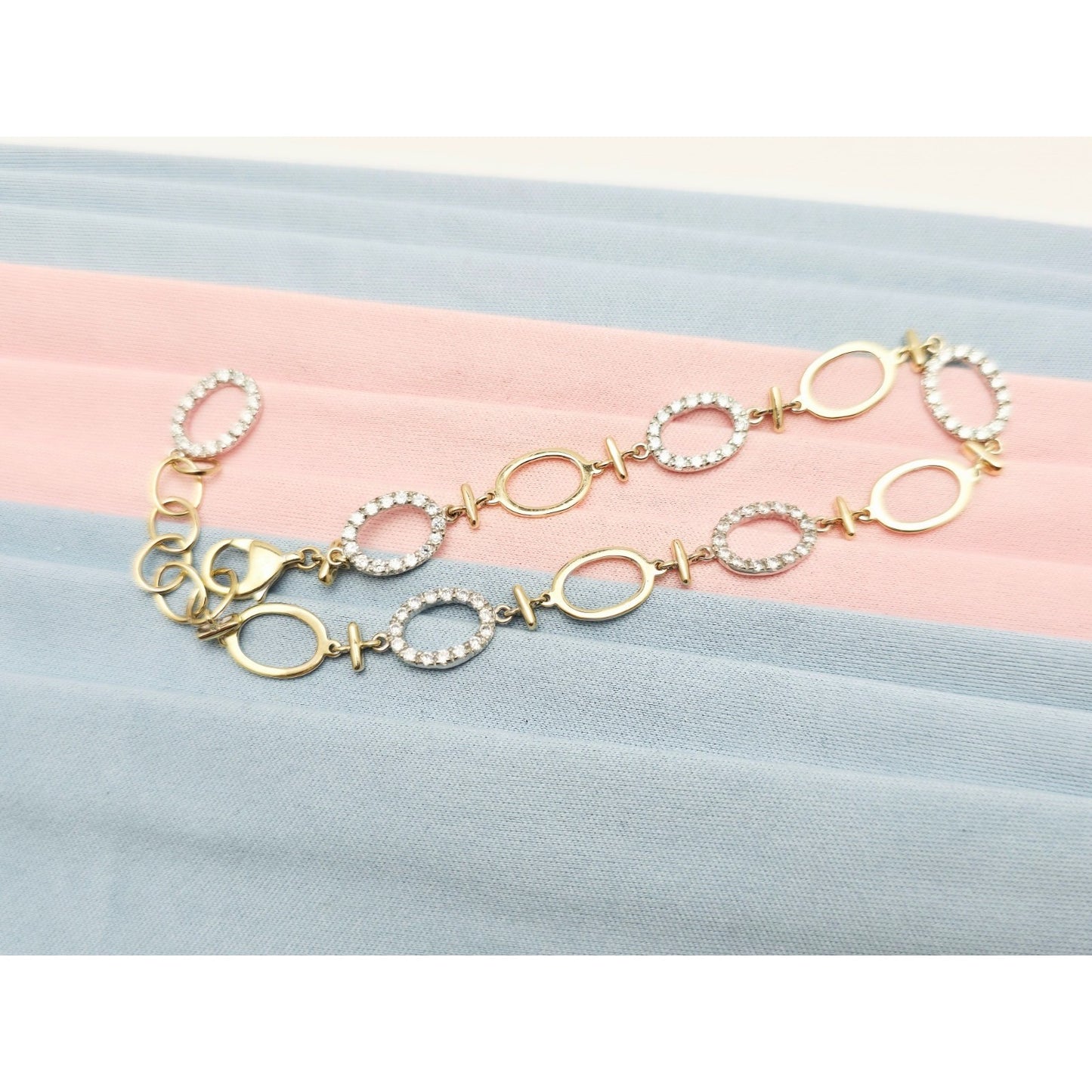 14K Two Tone Gold Oval Link Resizable CZ Bracelet