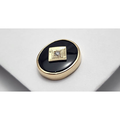 Vintage 14K Yellow Gold Black Onyx & Diamond Tie Tack Label Pin