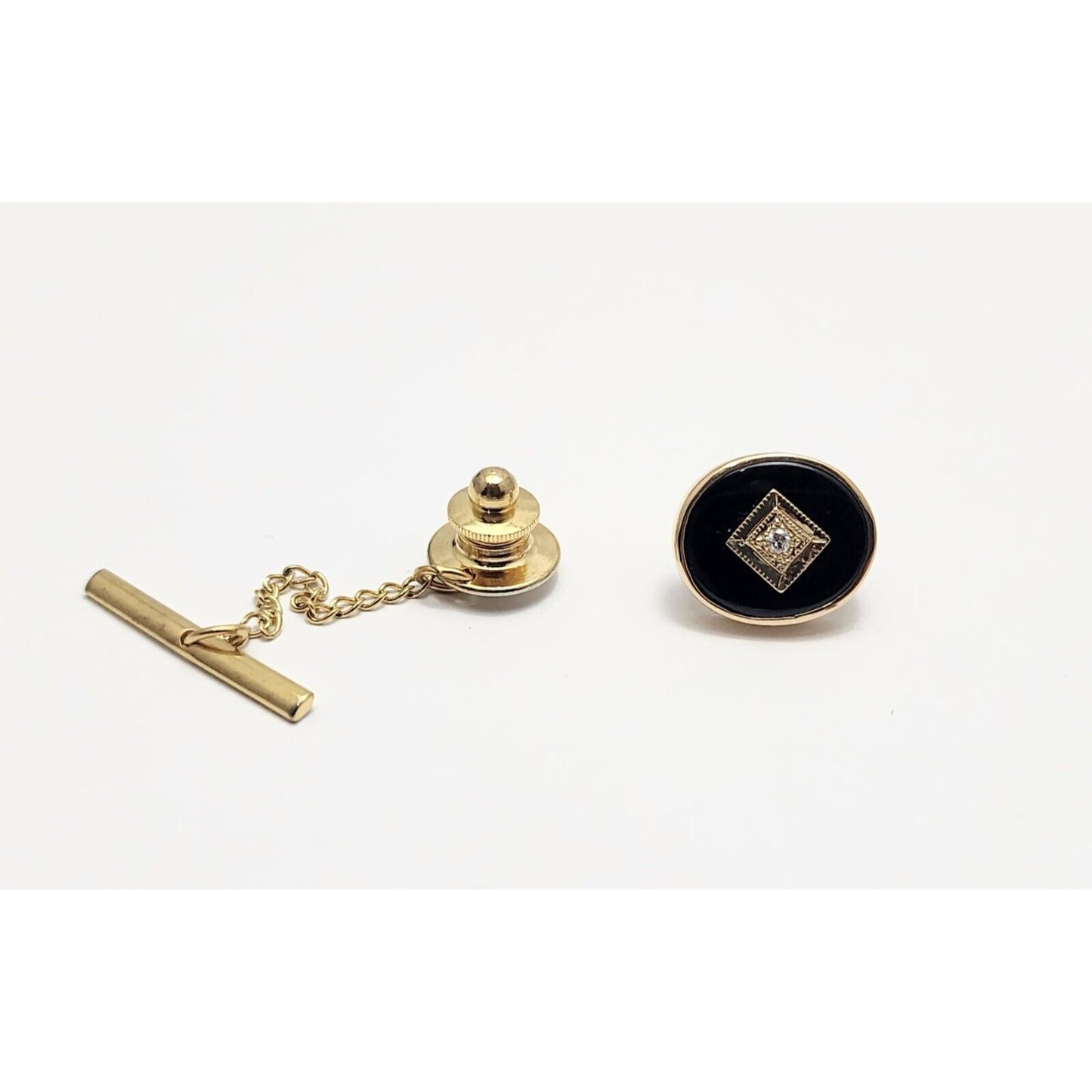 Vintage 14K Yellow Gold Black Onyx & Diamond Tie Tack Label Pin