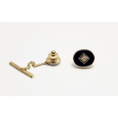 Vintage 14K Yellow Gold Black Onyx & Diamond Tie Tack Label Pin