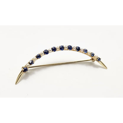 Vintage 14K Yellow Gold Round Pearls & Sapphires Brooch Pin Charm Pendant