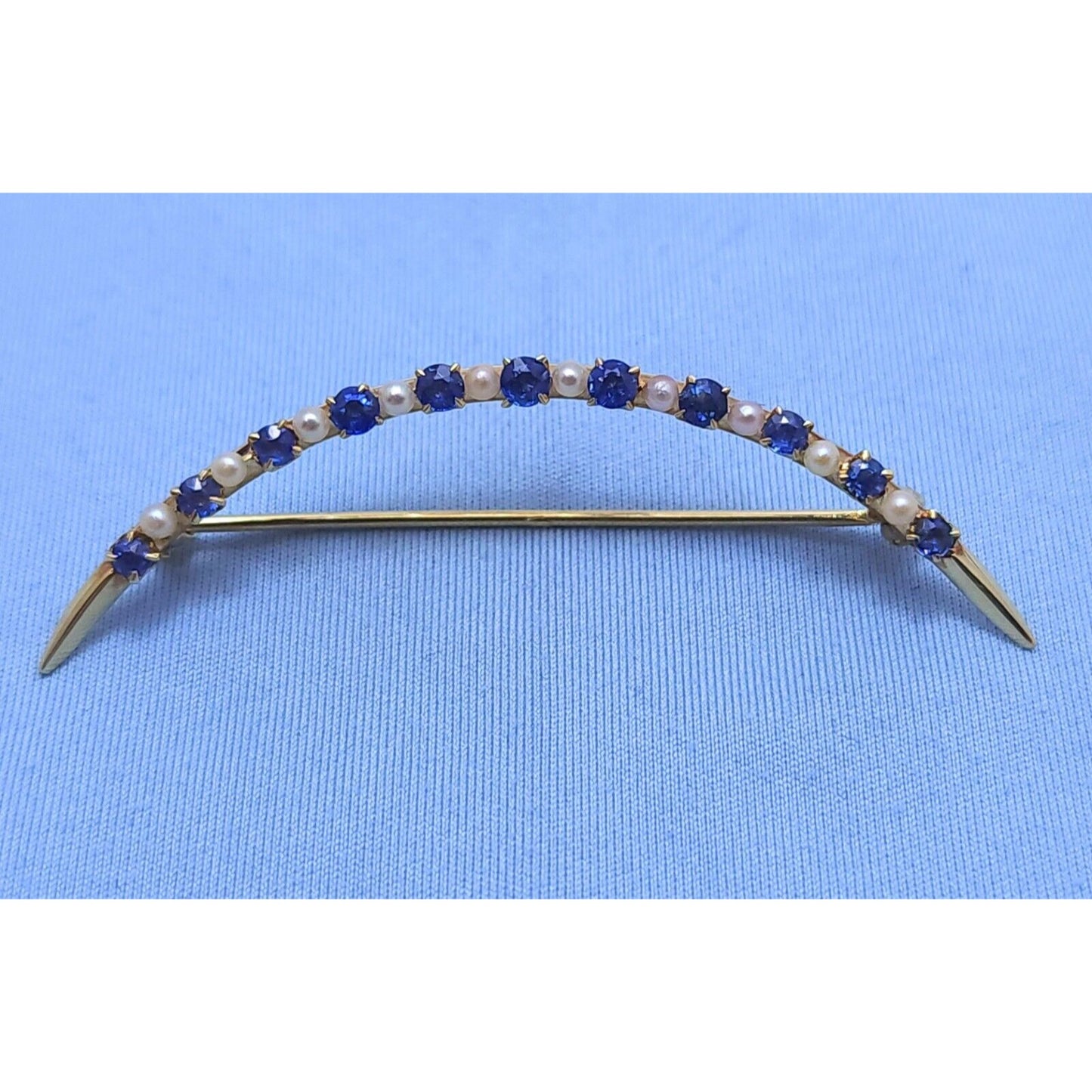 Vintage 14K Yellow Gold Round Pearls & Sapphires Brooch Pin Charm Pendant