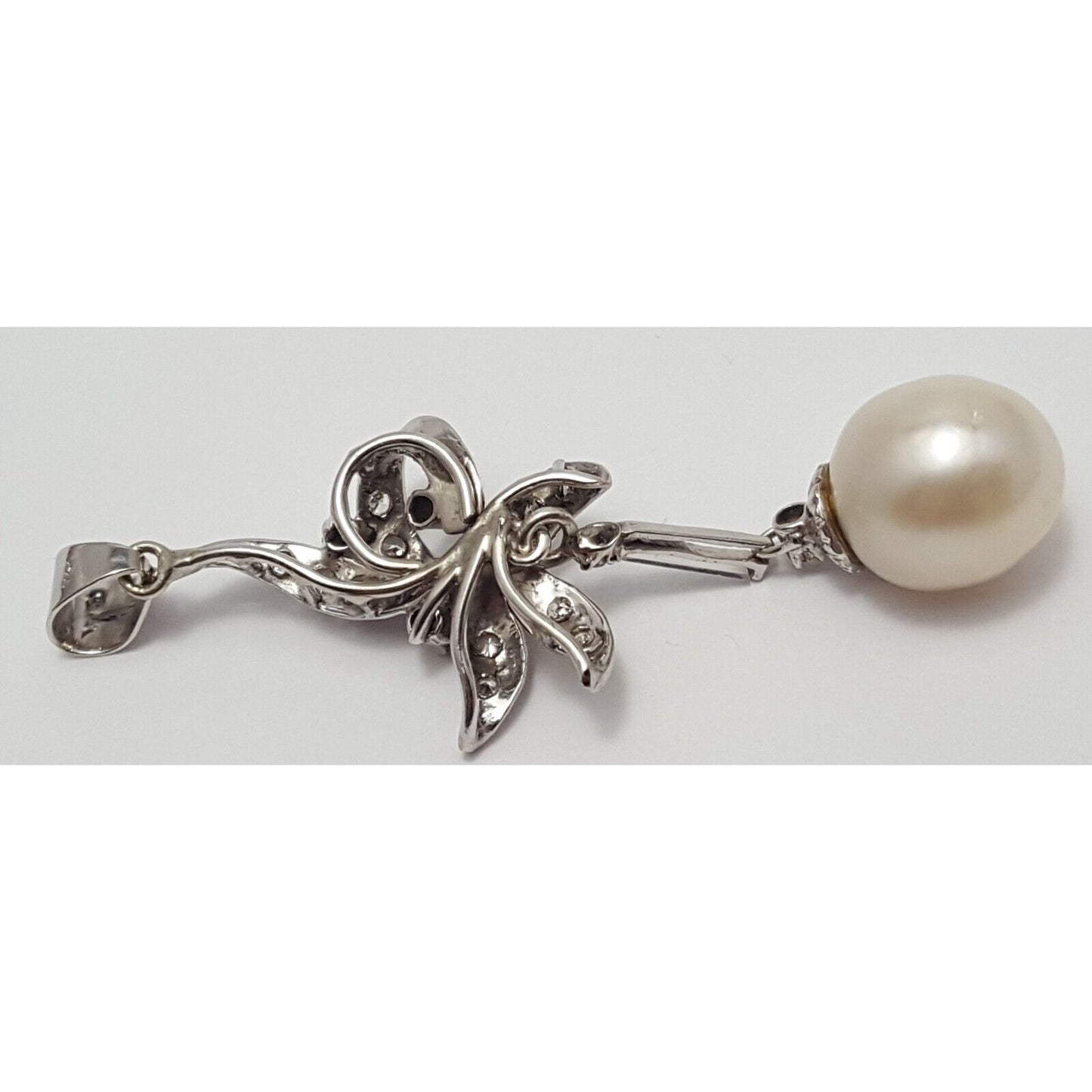 14K Solid White Gold Pearl & Diamond Drop Dangle Charm Pendant