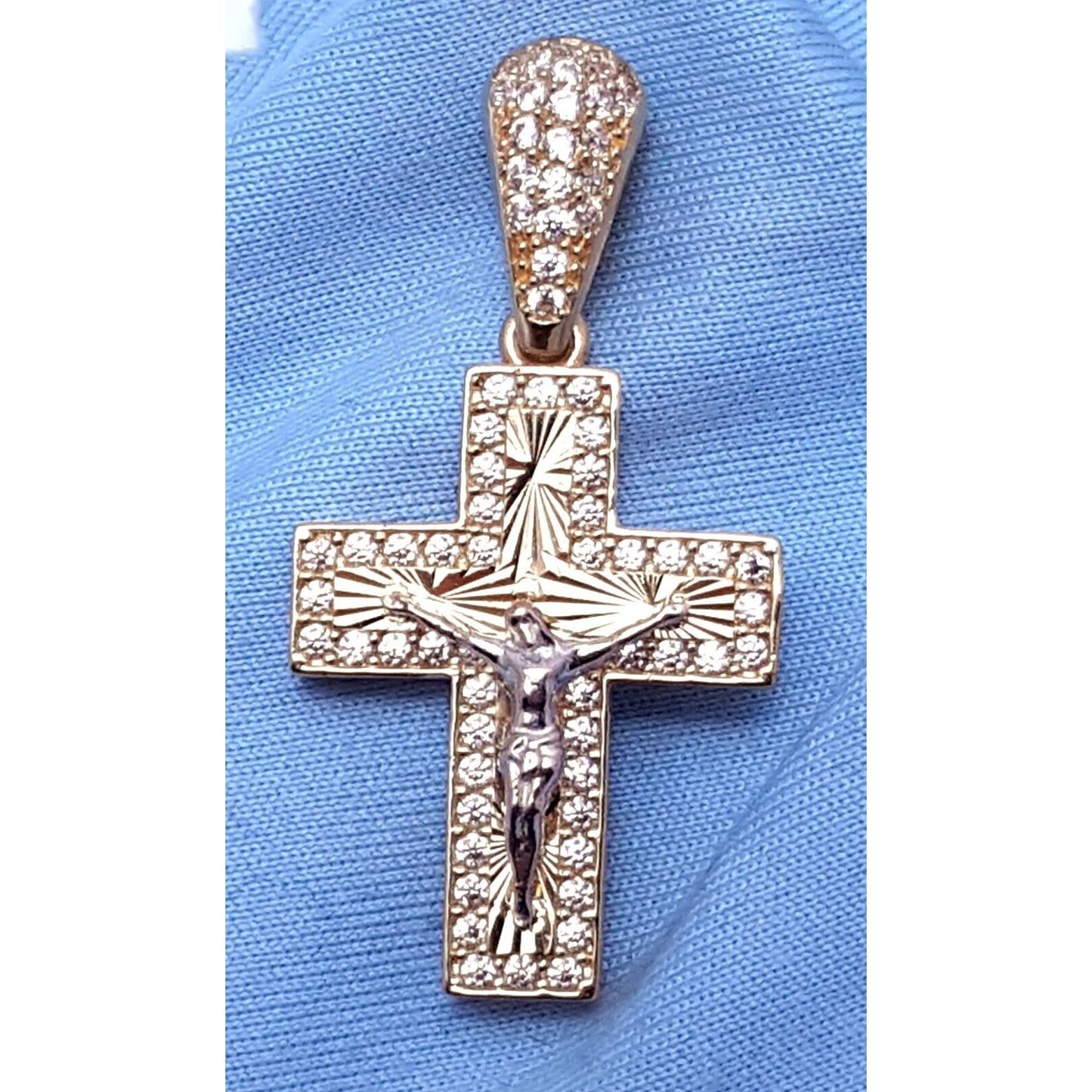 14K Two Tone Gold Religious Jesus Cubic Zirconia Cross Charm Pendant