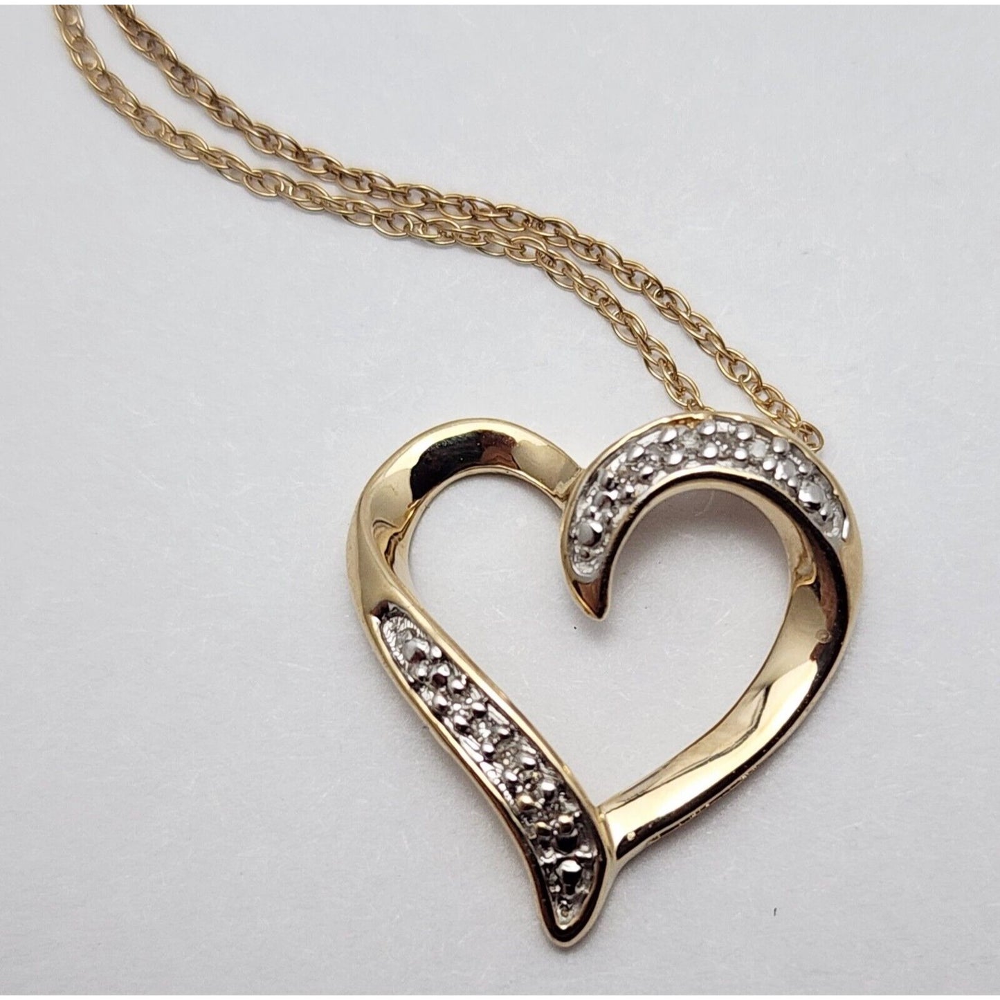 10K Yellow Gold Open Heart Diamond Charm Pendant & Link Chain Necklace