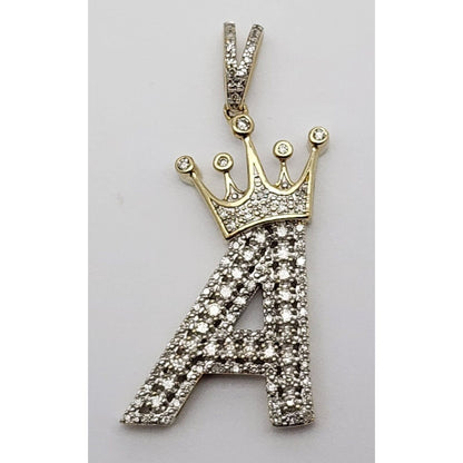 10K Solid Two Tone Gold Diamond Initial " A " Crown Charm Pendant