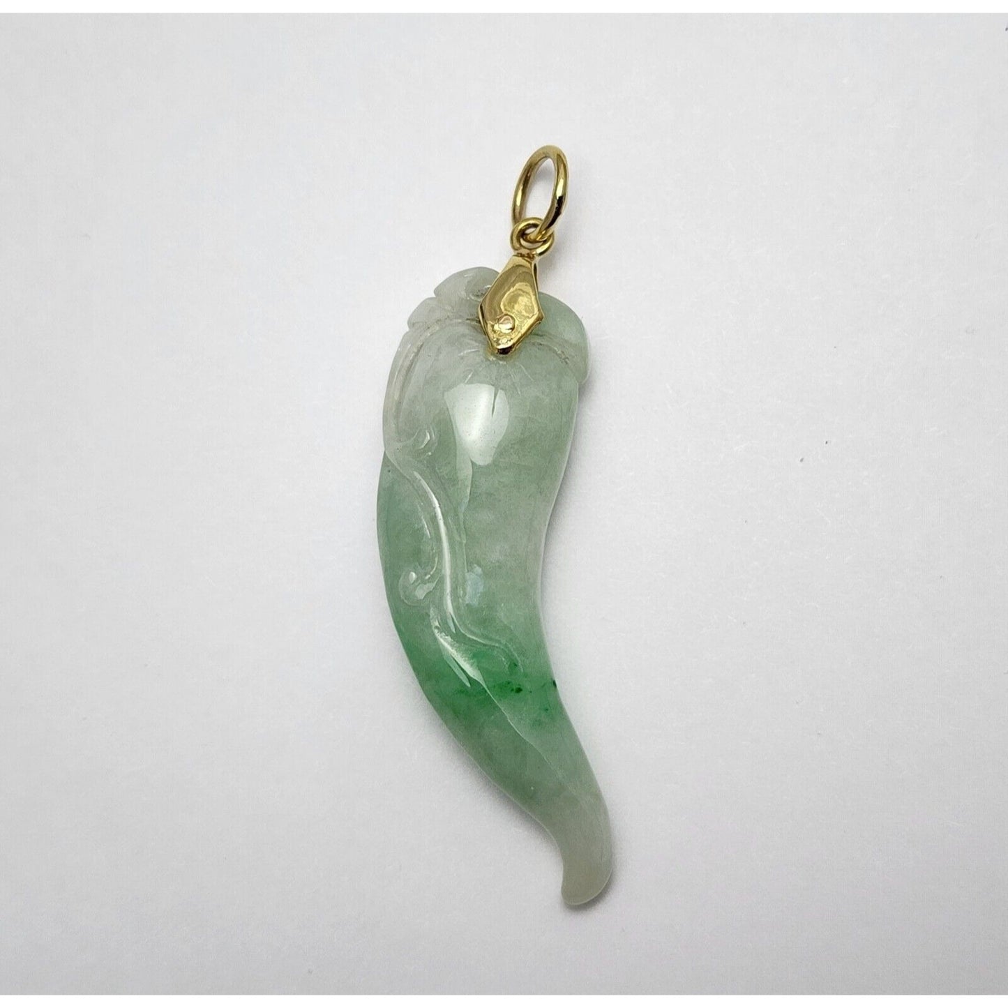 14K Yellow Gold Green Jadeite Jade Carved Chili Pepper Charm Pendant