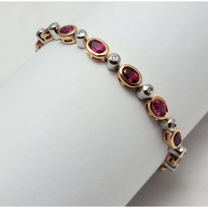 14K Solid Multi Tone Gold Ruby & Diamond Tennis Link Bracelet