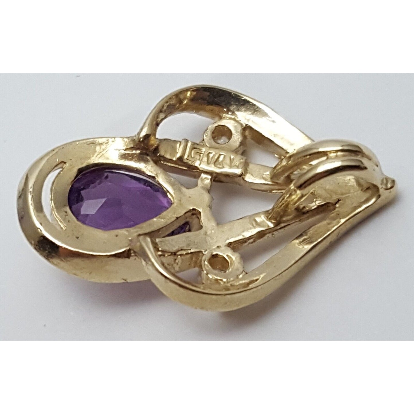 14K Solid Yellow Gold Amethyst & Diamond Drop Charm Pendant