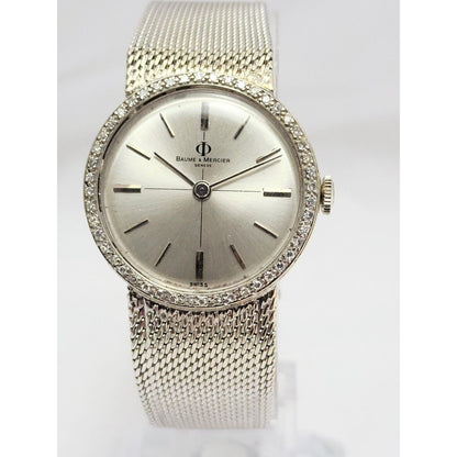 Vintage Baume Mercier 14k White Gold & Diamond Bezel Mesh Ladies Winding Watch