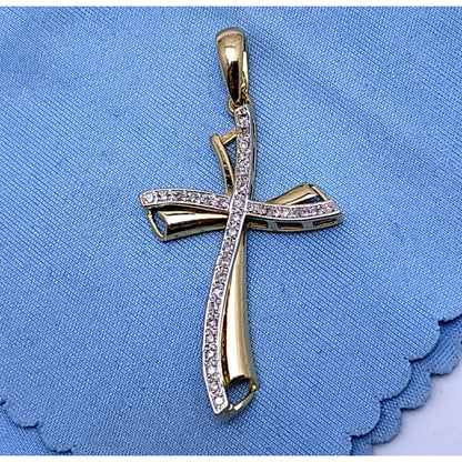 14K Solid Two Tone Gold Diamond Cross Charm Pendant