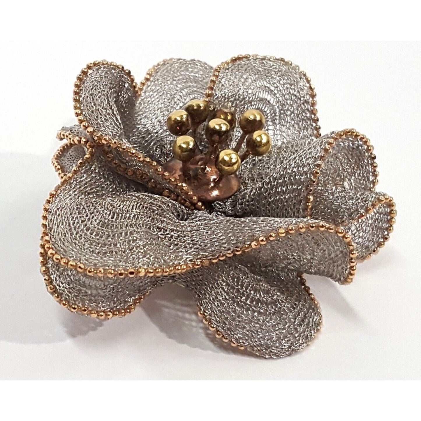 Fraccari Italian 18K Two Tone Gold Mesh Flower Rose Brooch