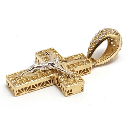 14K Two Tone Gold Religious Jesus Cubic Zirconia Cross Charm Pendant