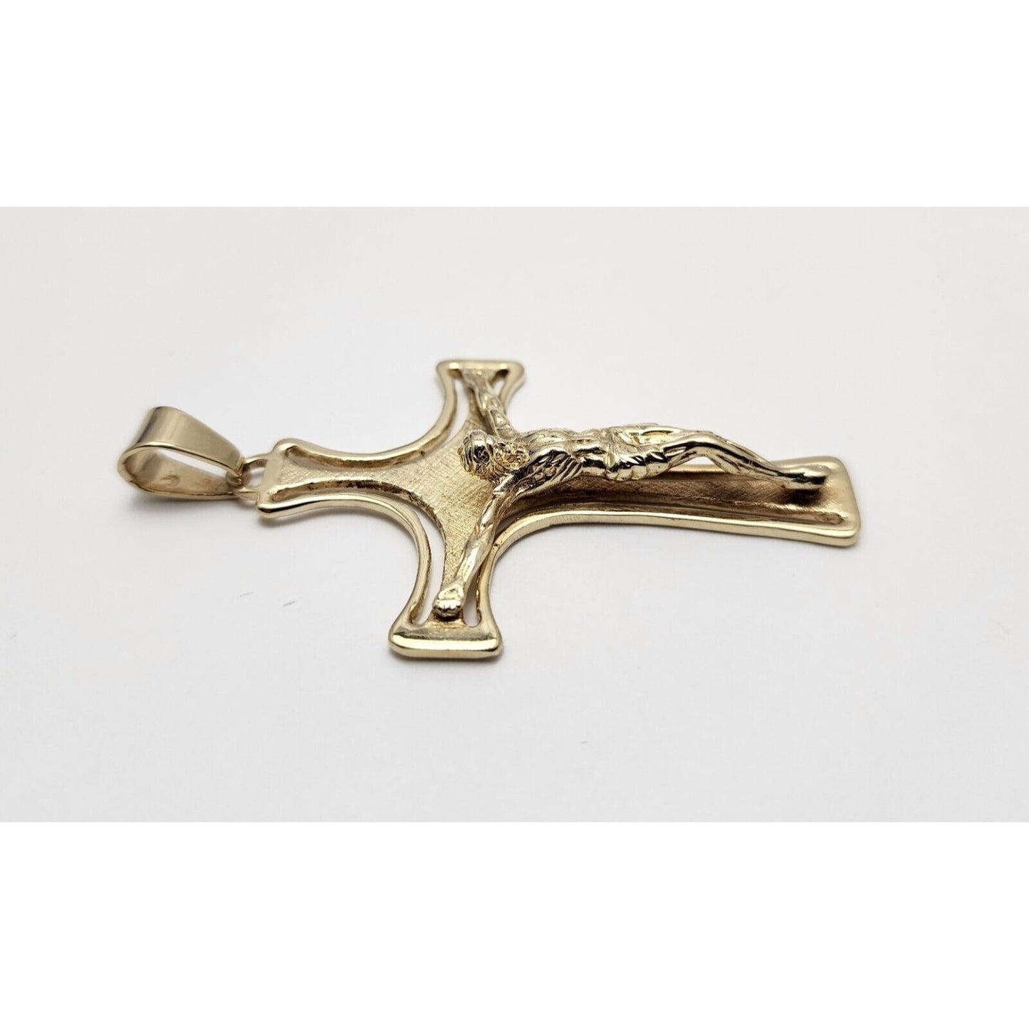 14K Solid Yellow Gold Designer Religious Jesus on Cross Charm Pendant