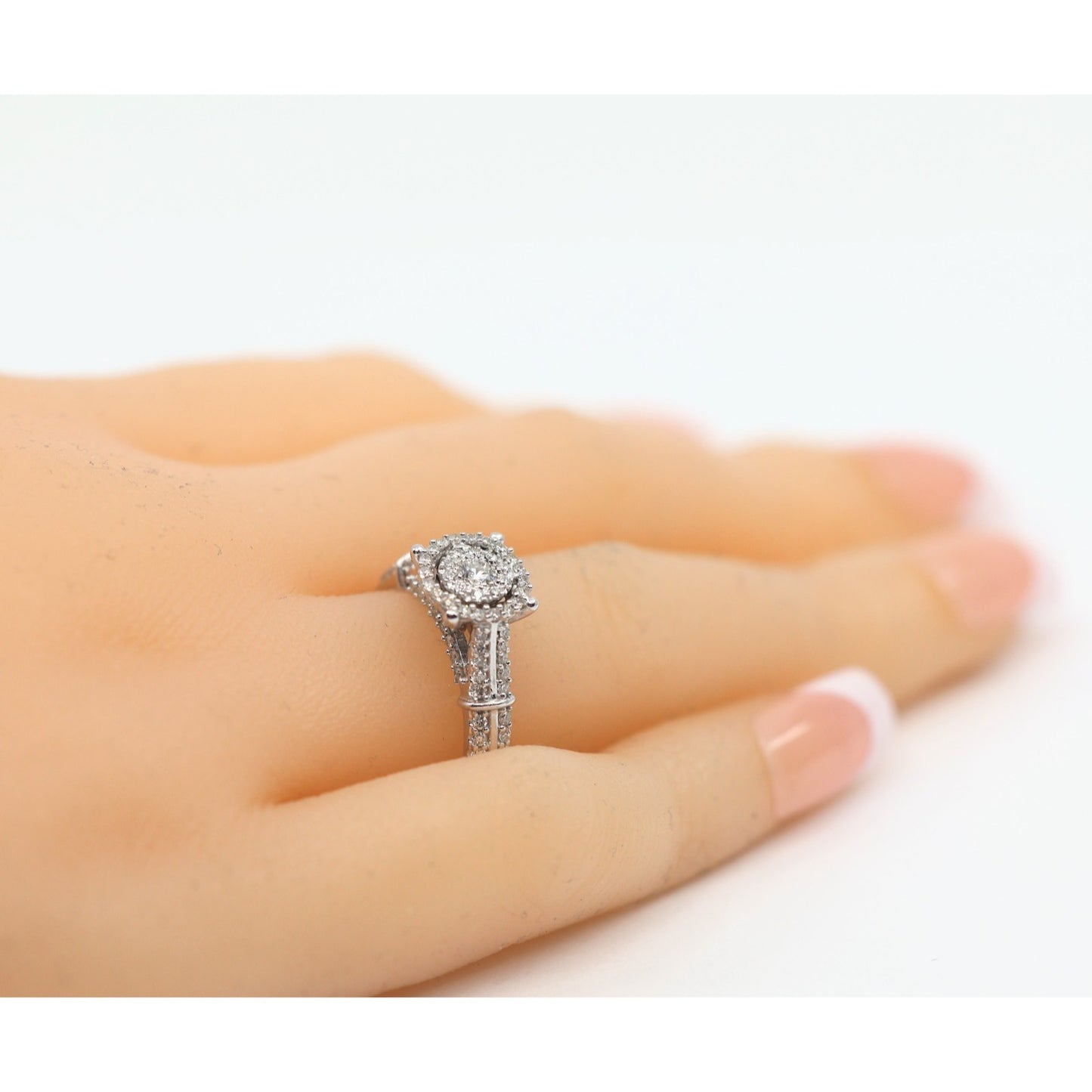 10K White Gold Round Cut Diamond Double Halo Engagement Ring