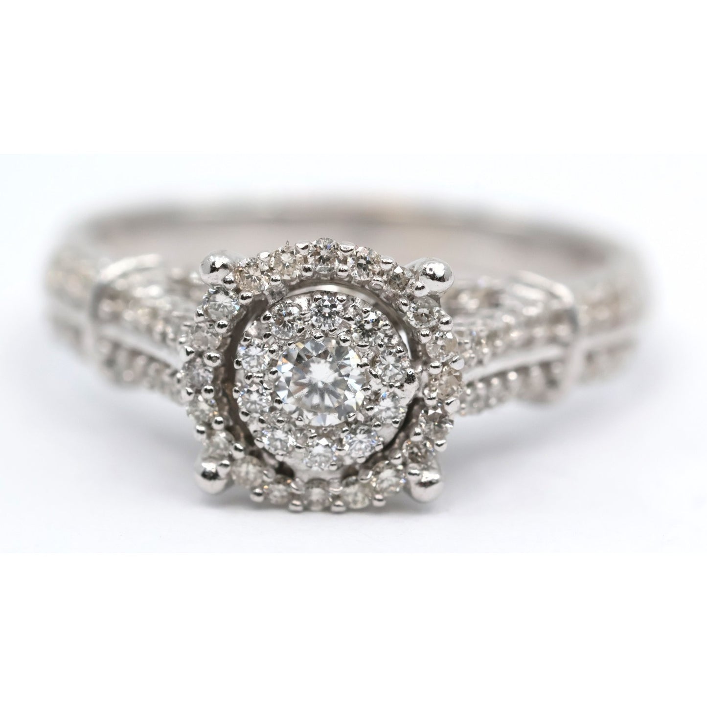 10K White Gold Round Cut Diamond Double Halo Engagement Ring