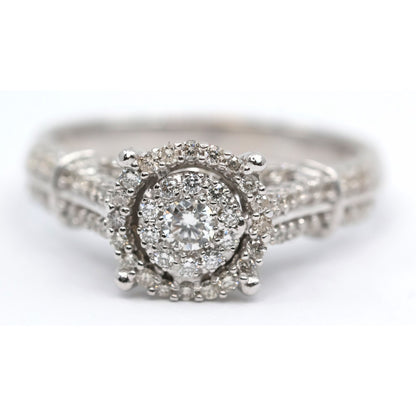 10K White Gold Round Cut Diamond Double Halo Engagement Ring