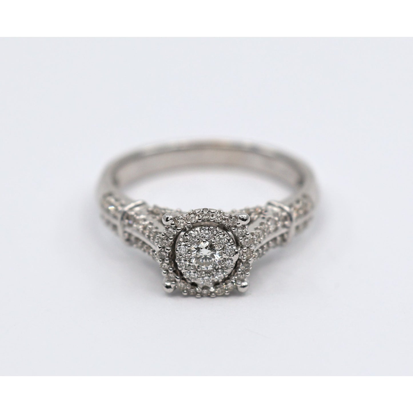 10K White Gold Round Cut Diamond Double Halo Engagement Ring