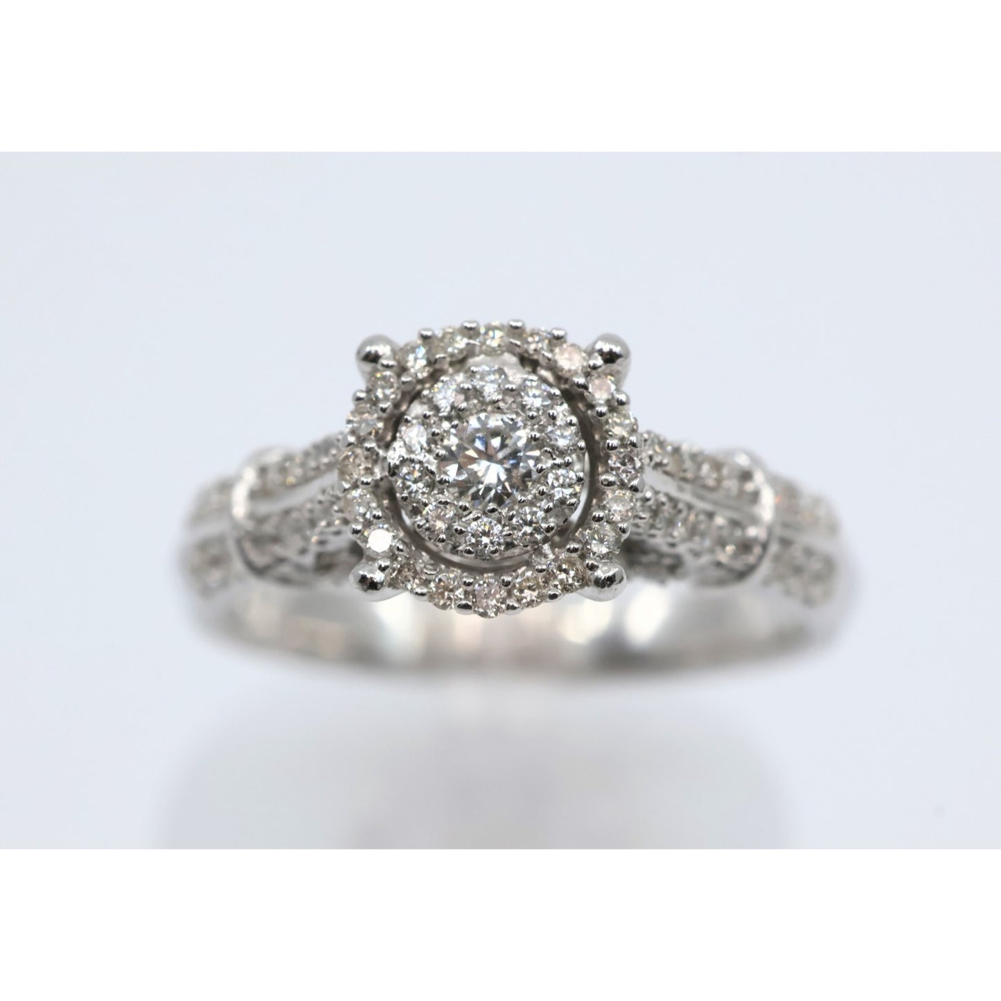 10K White Gold Round Cut Diamond Double Halo Engagement Ring
