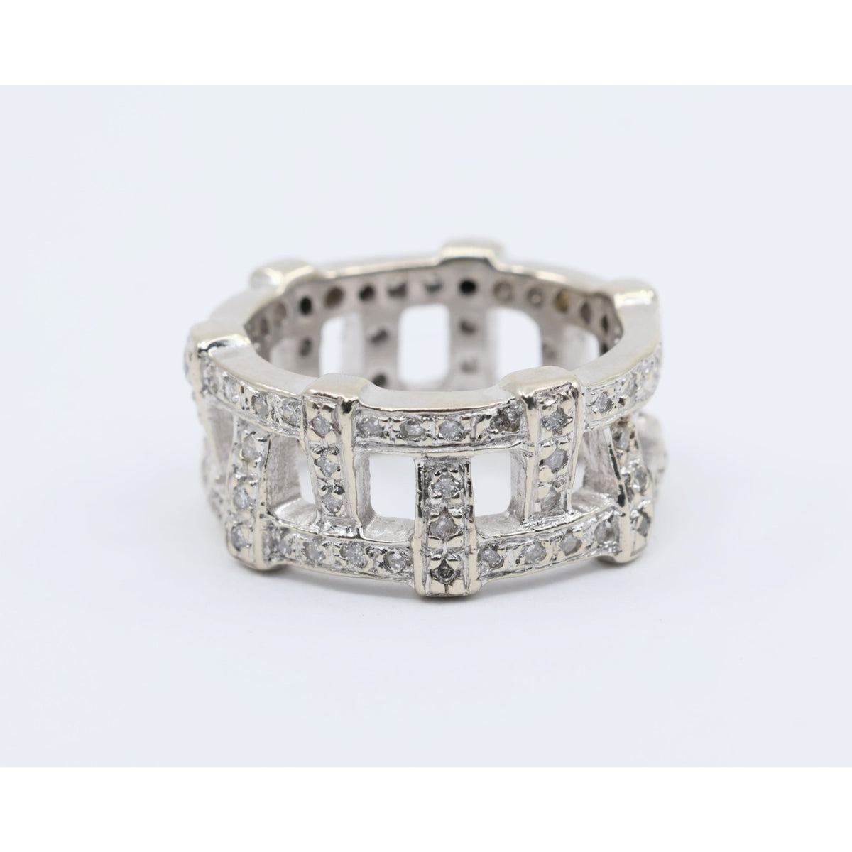 14K White Gold Wide Band Diamond Encrusted Eternity Band Ring