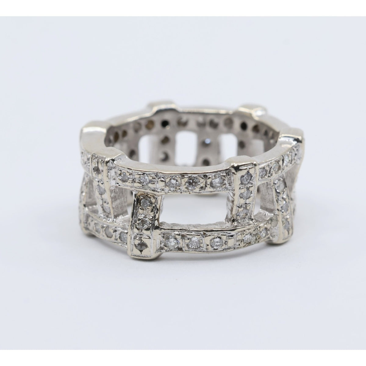 14K White Gold Wide Band Diamond Encrusted Eternity Band Ring