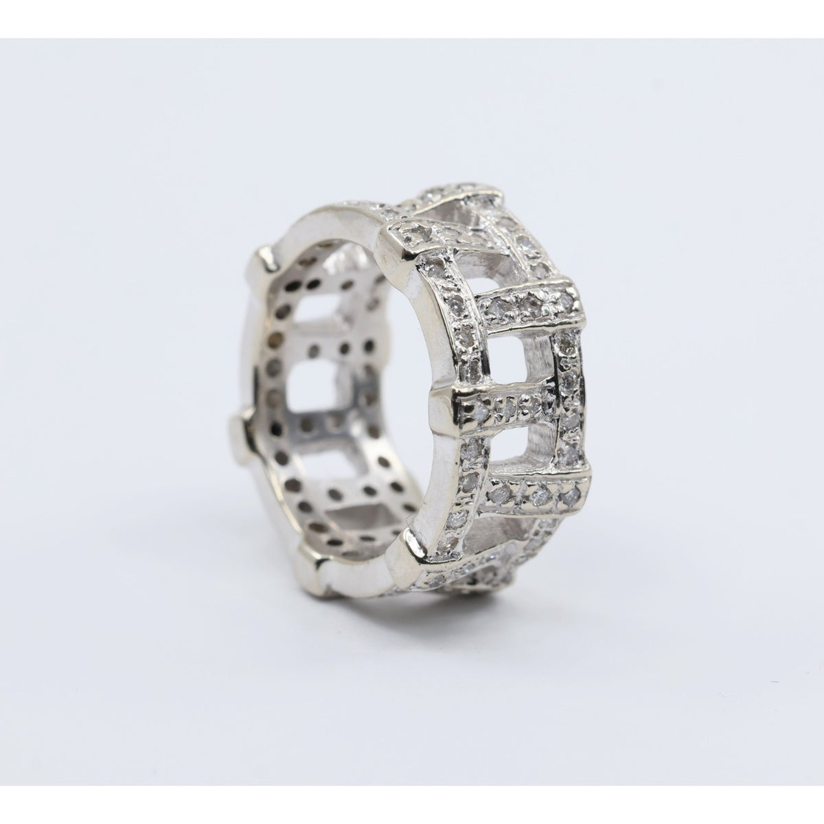 14K White Gold Wide Band Diamond Encrusted Eternity Band Ring