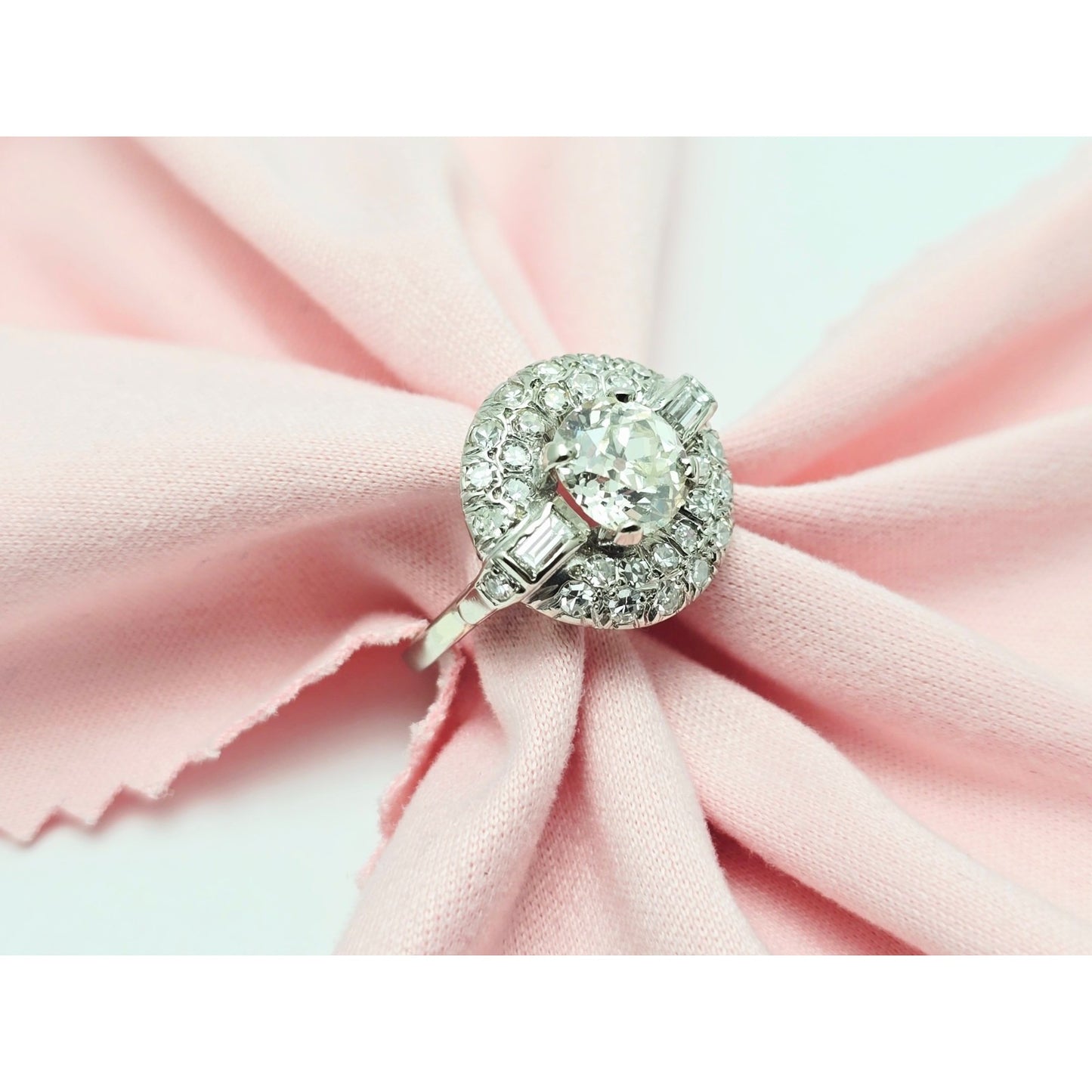 European Cut Art Deco 14K White Gold Round Diamond Engagement Ring 1.97ct