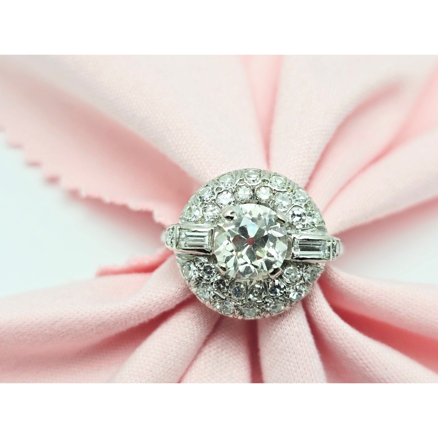 European Cut Art Deco 14K White Gold Round Diamond Engagement Ring 1.97ct