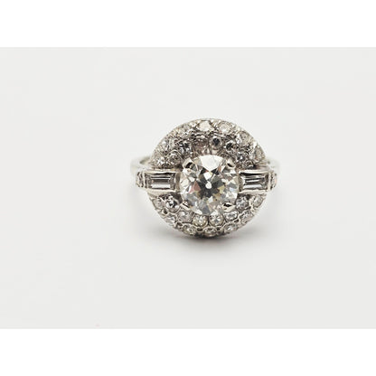 European Cut Art Deco 14K White Gold Round Diamond Engagement Ring 1.97ct